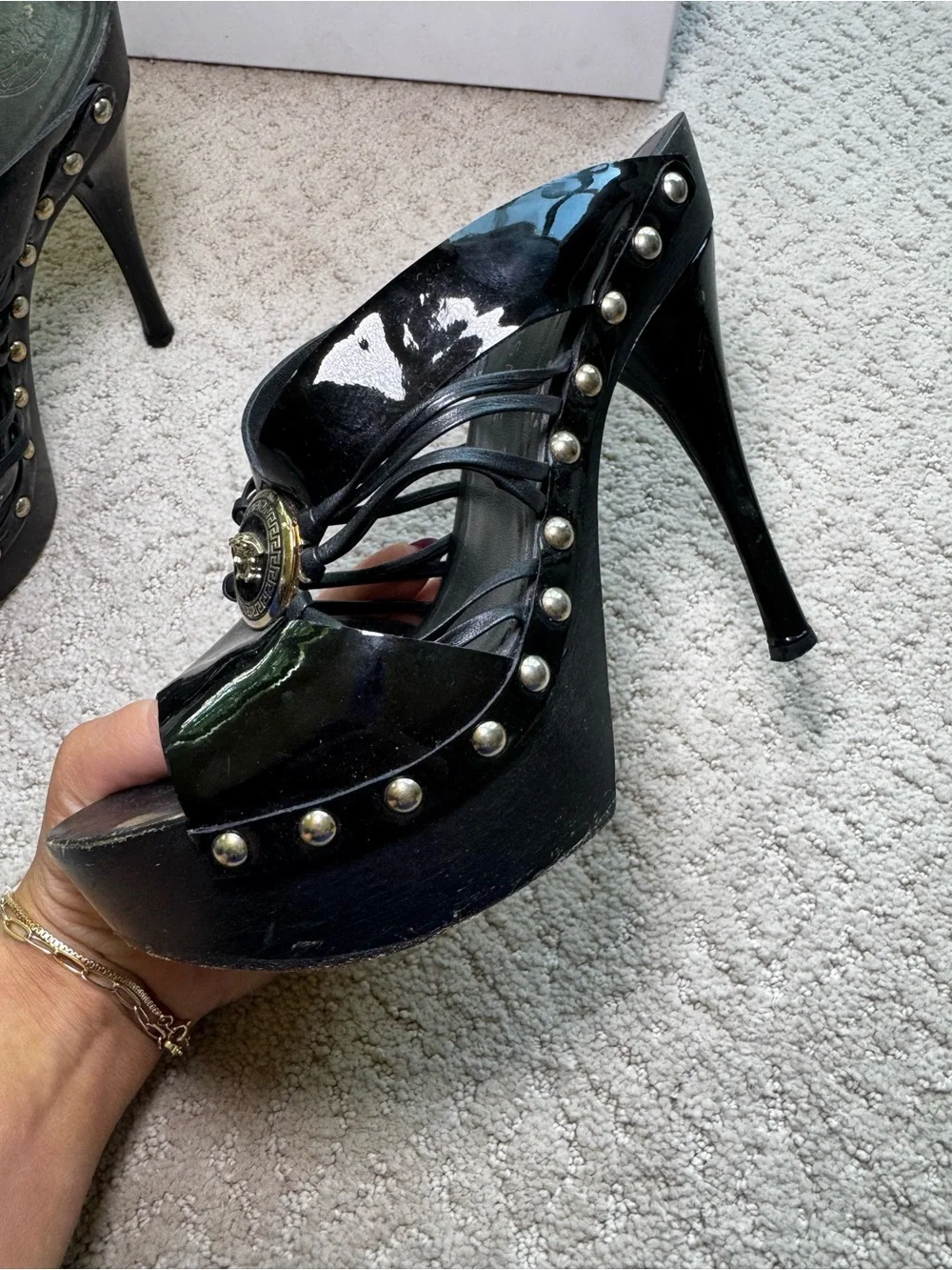 Versace Black Patent Leather and Wooden Platform Medusa Sandals Size 36